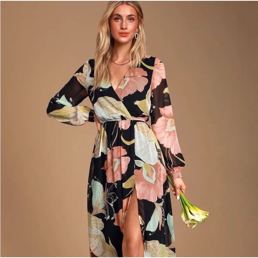 Lulus XS Black Floral Wrap Maxi Dress Boho Wedding Guest Slit - Picture 2 of 9
